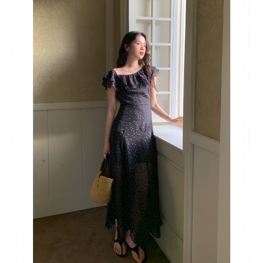 Summer French chiffon temperament polka dot long dress ruffle edge slanted shoulder dress