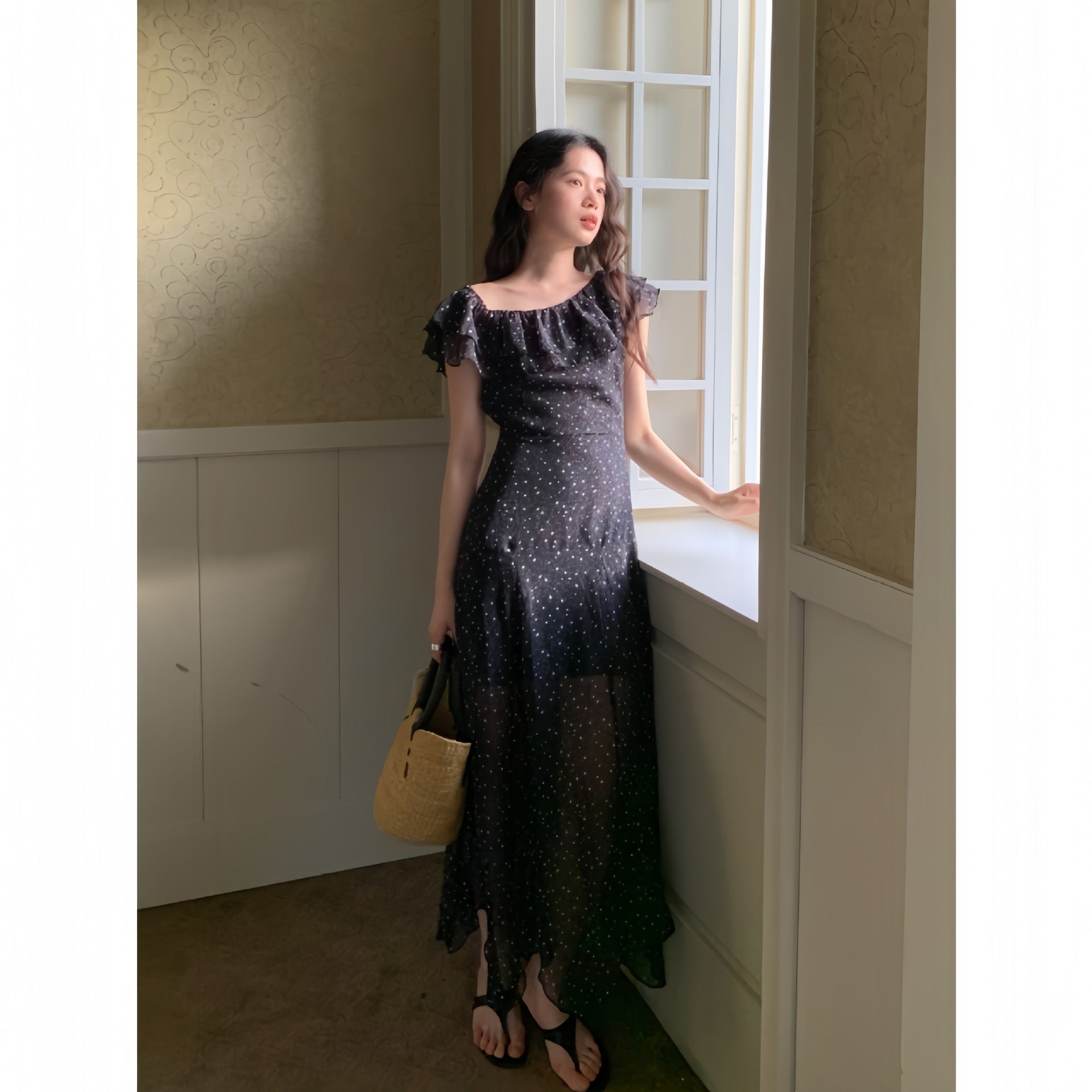 Summer French chiffon temperament polka dot long dress ruffle edge slanted shoulder dress