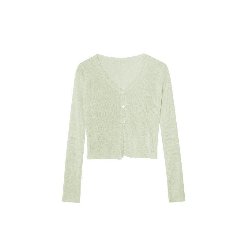 Thin knitted sweater commuter versatile single-breasted v-neck sunscreen shirt