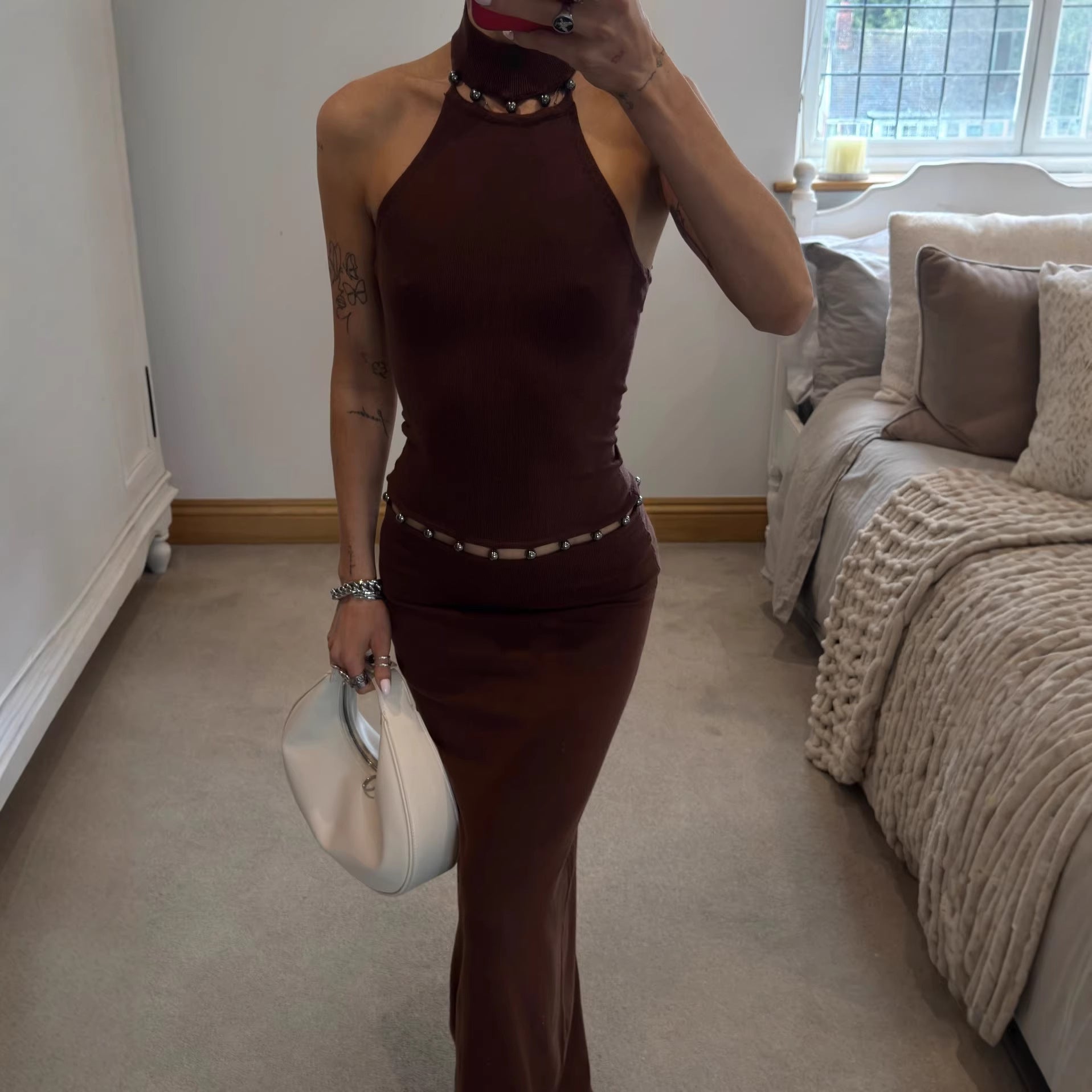 Sexy backless neck hip skirt slim fit Spice girl splicing knitted dress