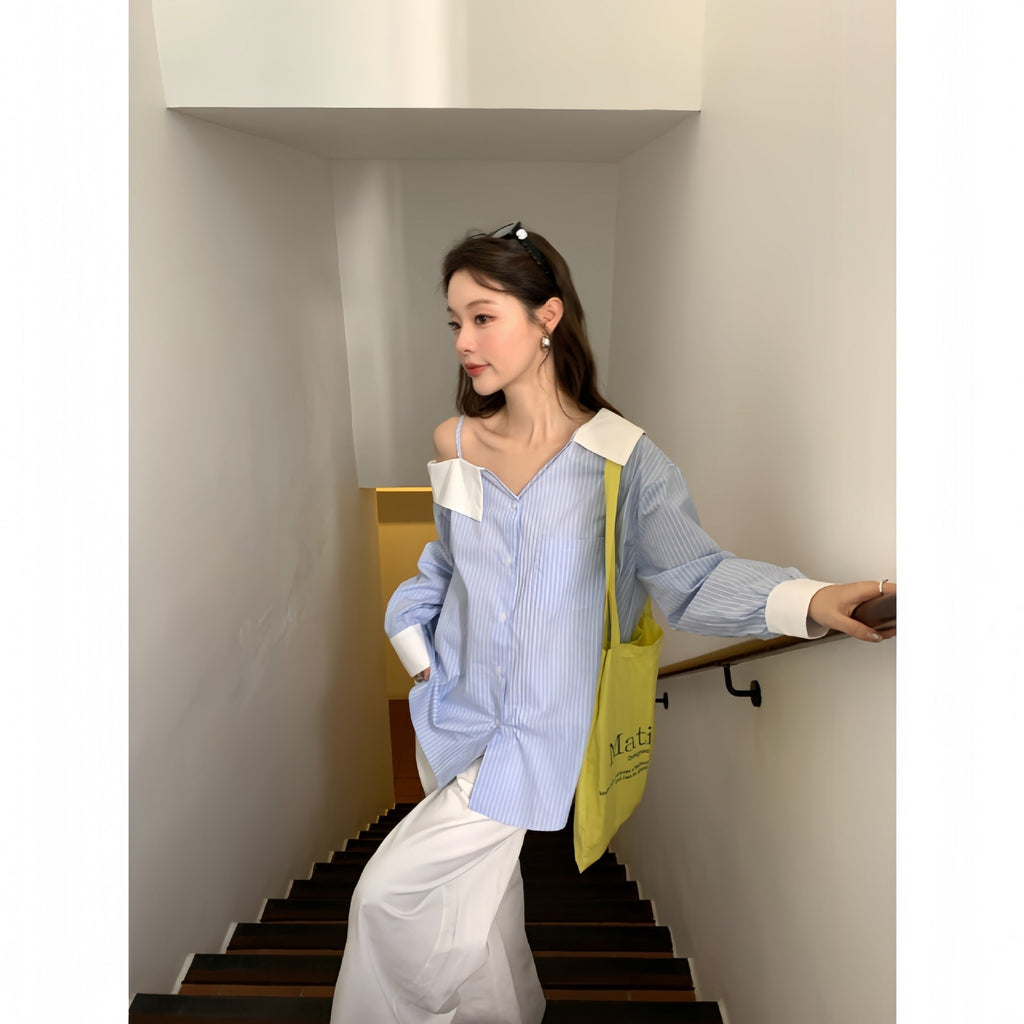 Age-reducing temperament design off-the-shoulder striped shirt