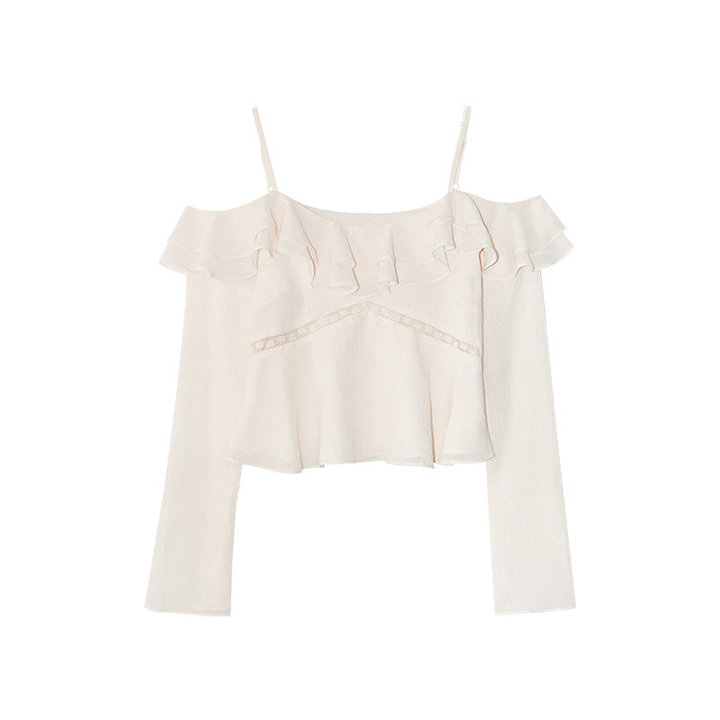 French pure desire ruffle edge small sexy off-the-shoulder suspender chiffon shirt