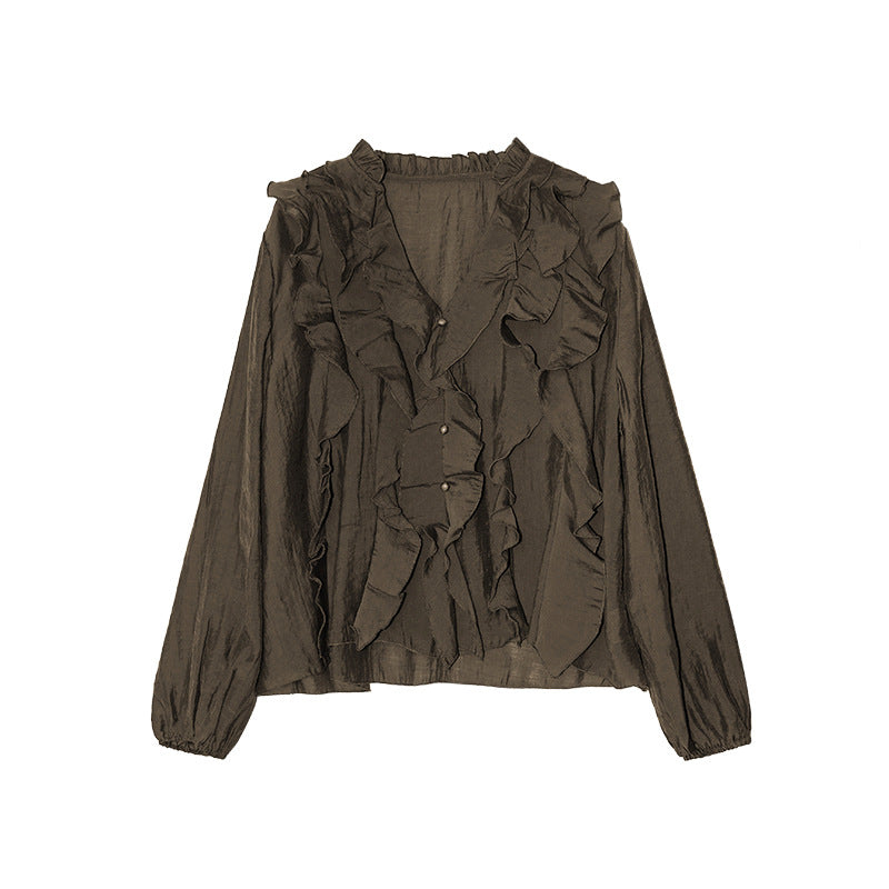 Early spring French gentle ruffle edge temperament elegant drape shirt