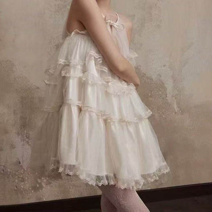 夏季新款少女芭蕾舞曲法式吊带连衣裙蕾丝蛋糕A字蓬蓬娃娃裙