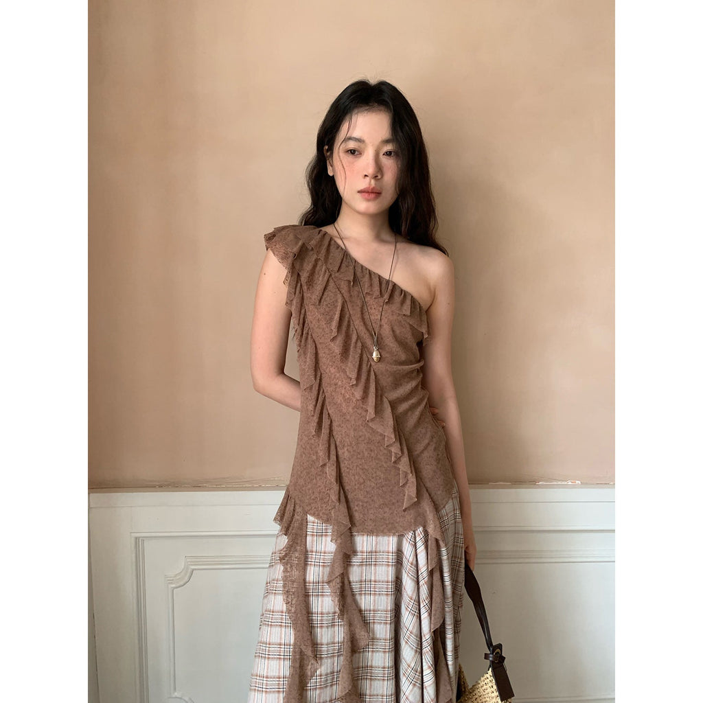 Maillard French Romantic Sleeveless Ribbon Slant Shoulder Chiffon Shirt Women