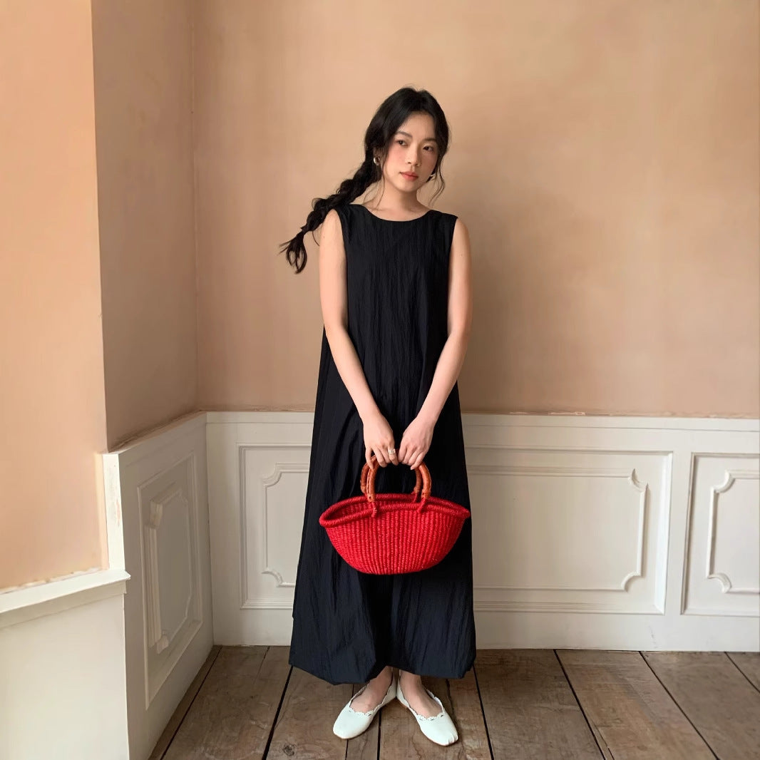 Korean sweet age-reducing lace-up halter sleeveless crew neck dress