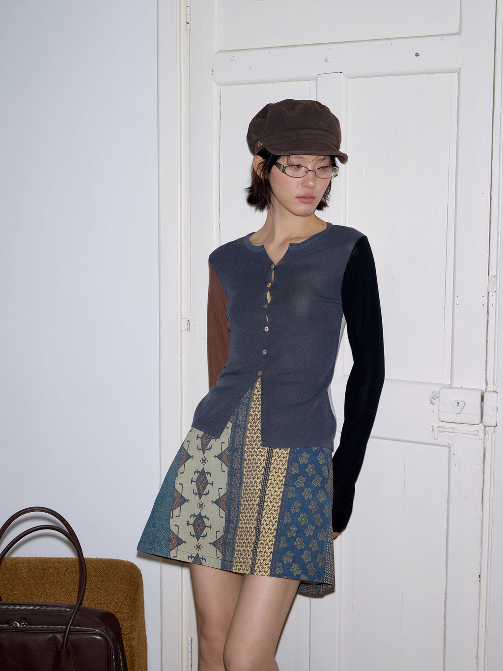 Twill splicing printed denim skirt ethnic style contrasting color high waist A-shaped skirt