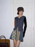 Twill splicing printed denim skirt ethnic style contrasting color high waist A-shaped skirt