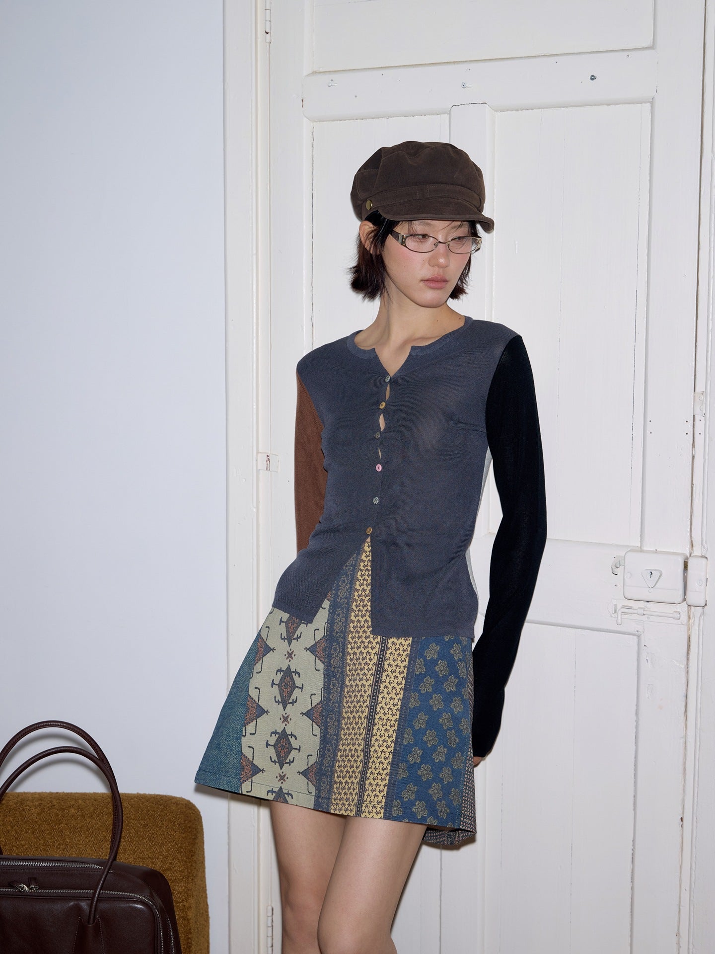 Twill splicing printed denim skirt ethnic style contrasting color high waist A-shaped skirt