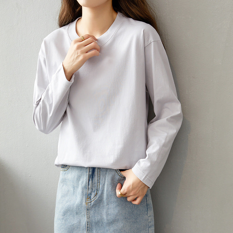 Pure Cotton Long Sleeve T-Shirt Women Round Neck Base Layer Casual Top