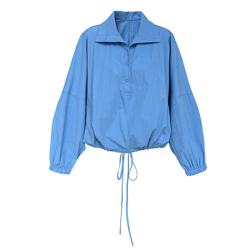 Early autumn new Korean casual pullover lapel shirt women's loose hem drawstring waist top