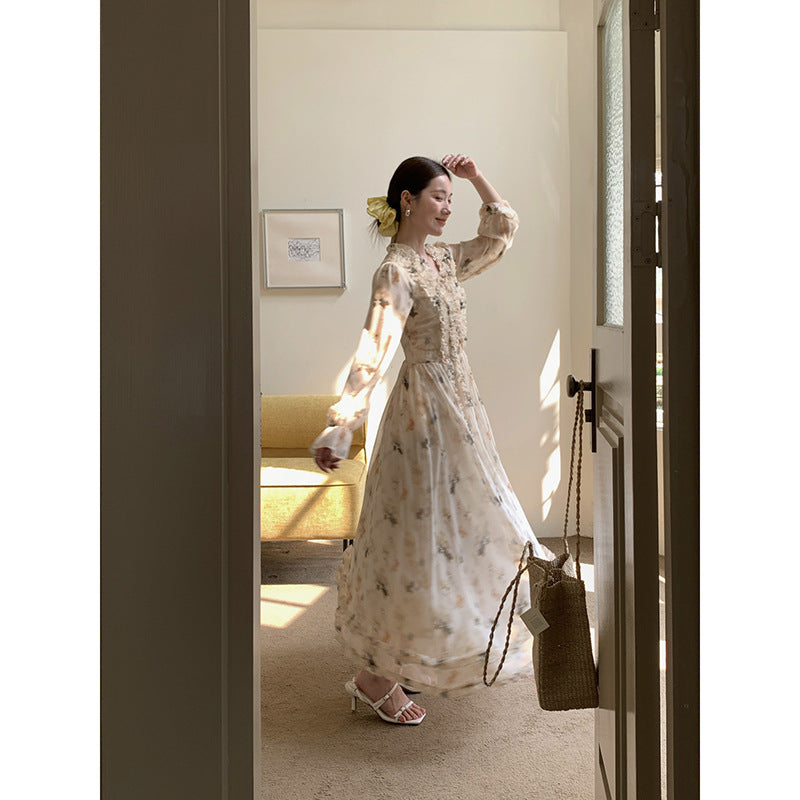 Coffee break drape fungus edge floral dress women