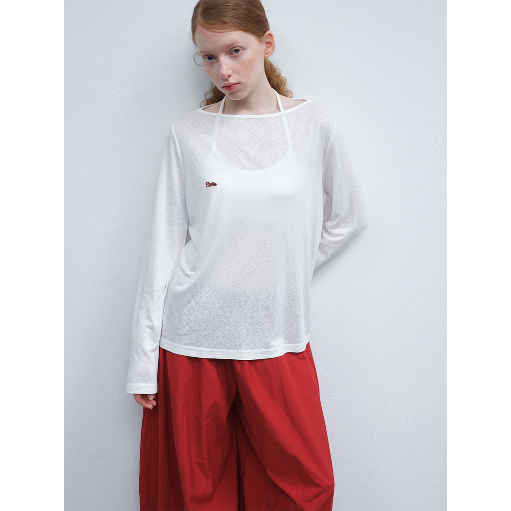 Spring New Casual Tencel Hemp Embroidery Solid Color Versatile Boat Collar Thin Transparent Long Sleeve T-Shirt