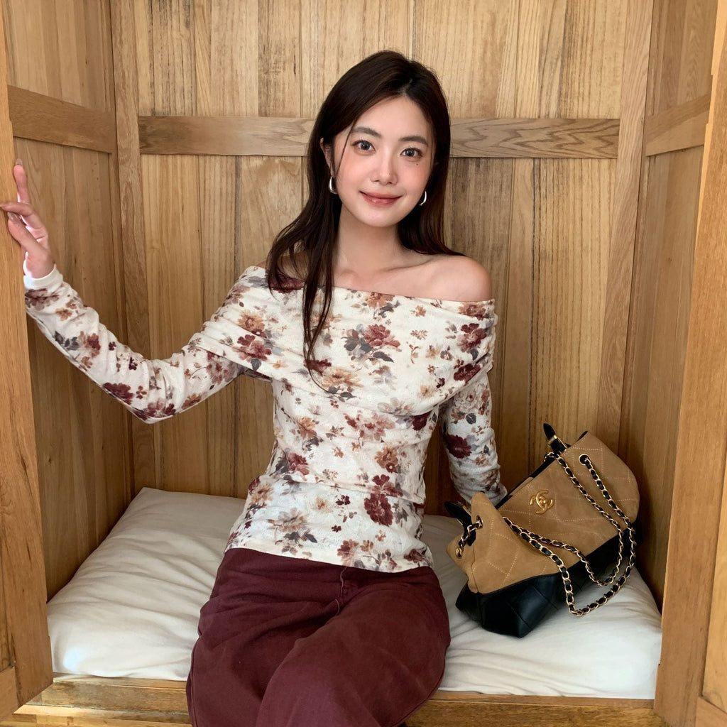 French coffee break beautiful and thin slim one-word shoulder floral bottoming shirt