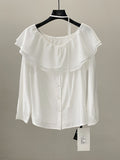 Gentle wind shoulder shirt spring haze blue lotus leaf edge covering meat and thin top