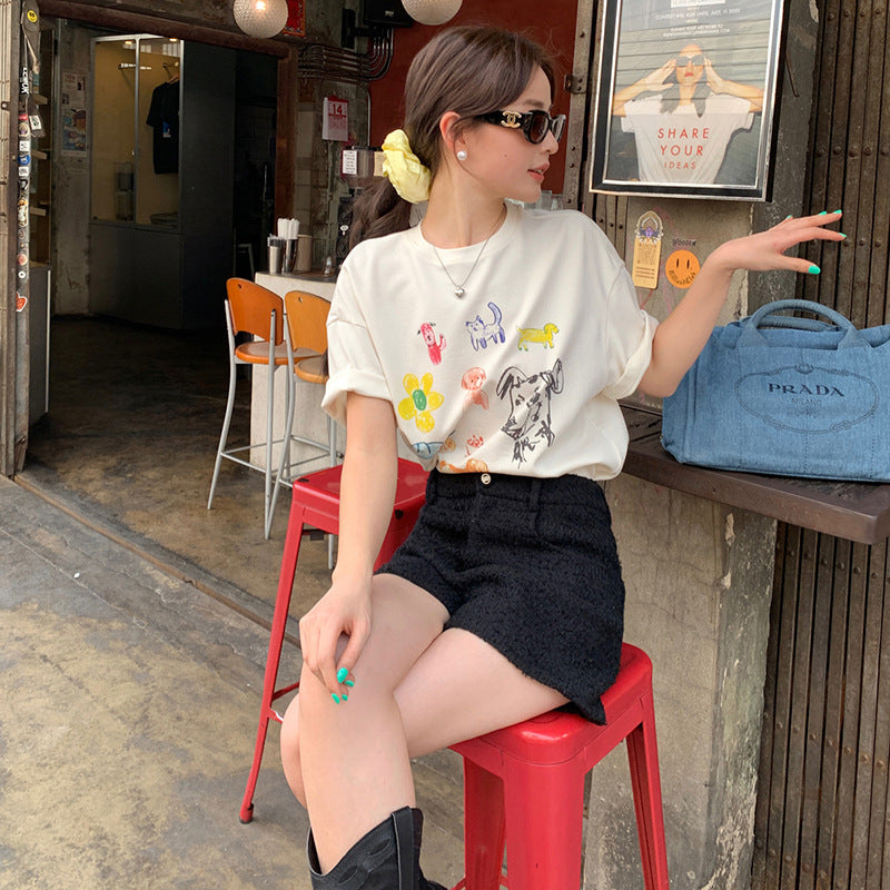 Casual Skinny Versatile ins Cartoon Printed Short Sleeve T-Shirt