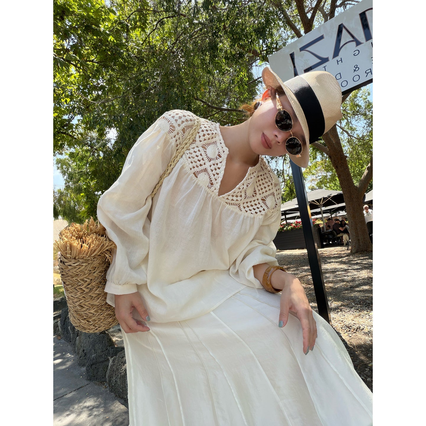 Early Spring French Temperament Ramie Tencel Long Sleeve Hollow Small V-Neck Shirt