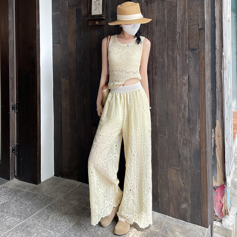 Thin heavy industry embroidered hook-cut hollow lace nine-point straight-leg pants