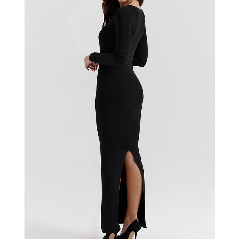 Black long-sleeved knitted dress for women's autumn and winter slim-fitting and thin temperament hip-wrapped long dress waist