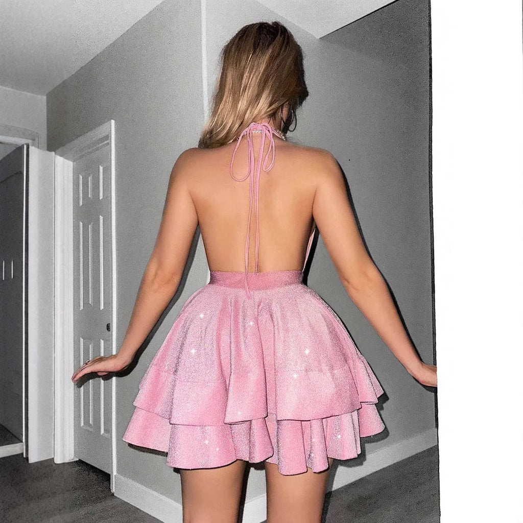 Deep V-Neck Ruffle Evening Dress