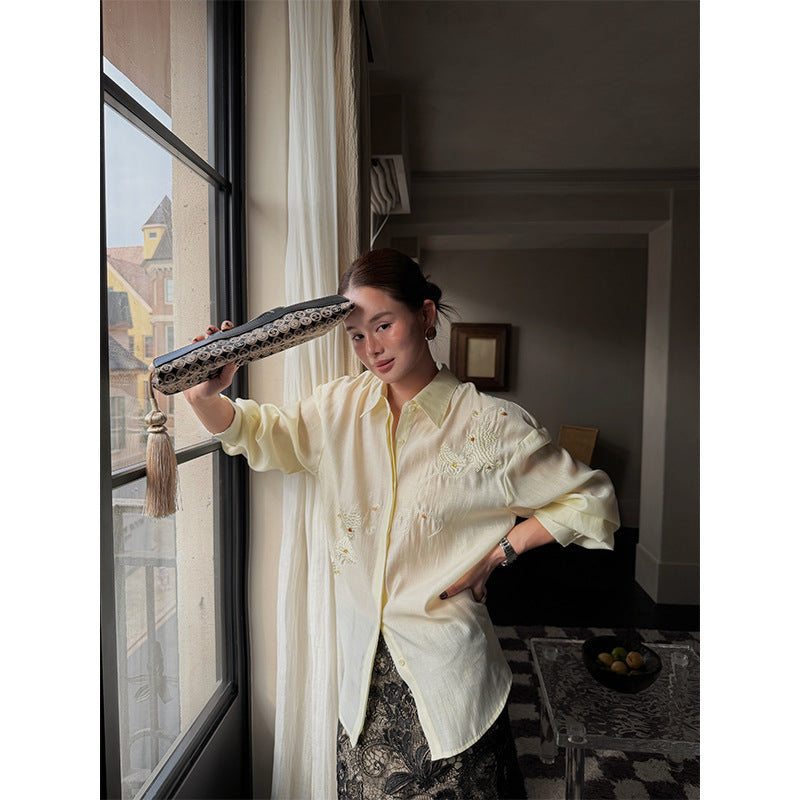 Chinese retro national style heavy industry embroidered acetate long-sleeved shirt