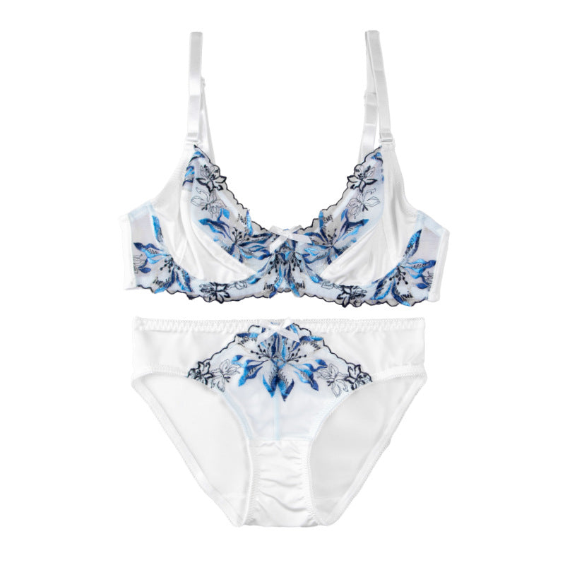 Pattern embroidery sexy underwear women's big breasts show small upper support anti-sagging breathable bra set