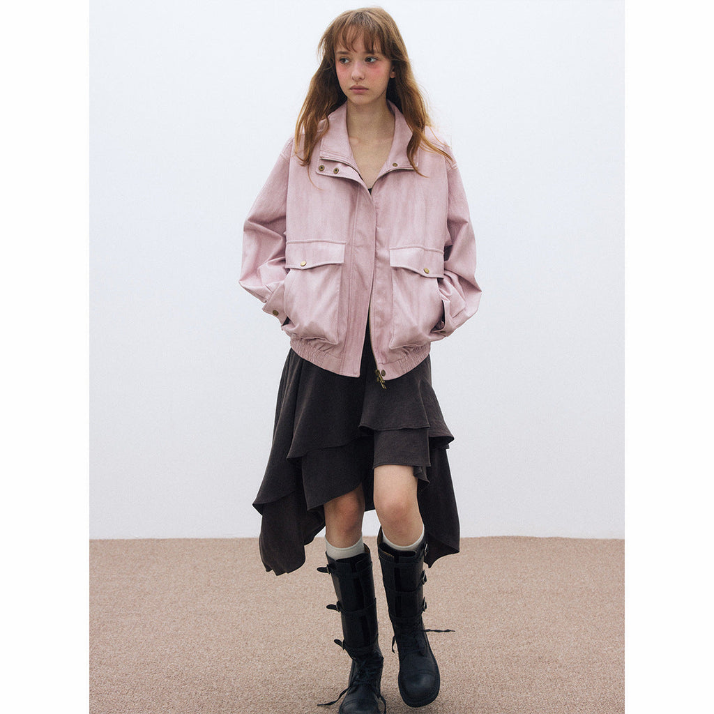 Autumn casual stand-up collar classic retro super soft big pocket versatile leather jacket