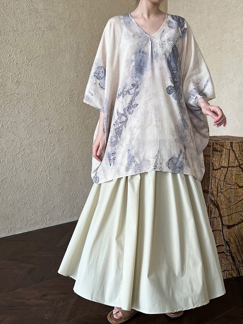 New chinese style national style topssuitartsy plant printing loose silhouette blouse two-piece set