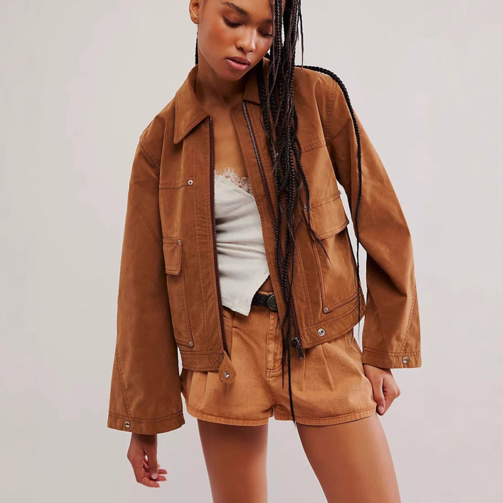 New vacation style retro suede motorcycle style top lapel short jacket jacket women