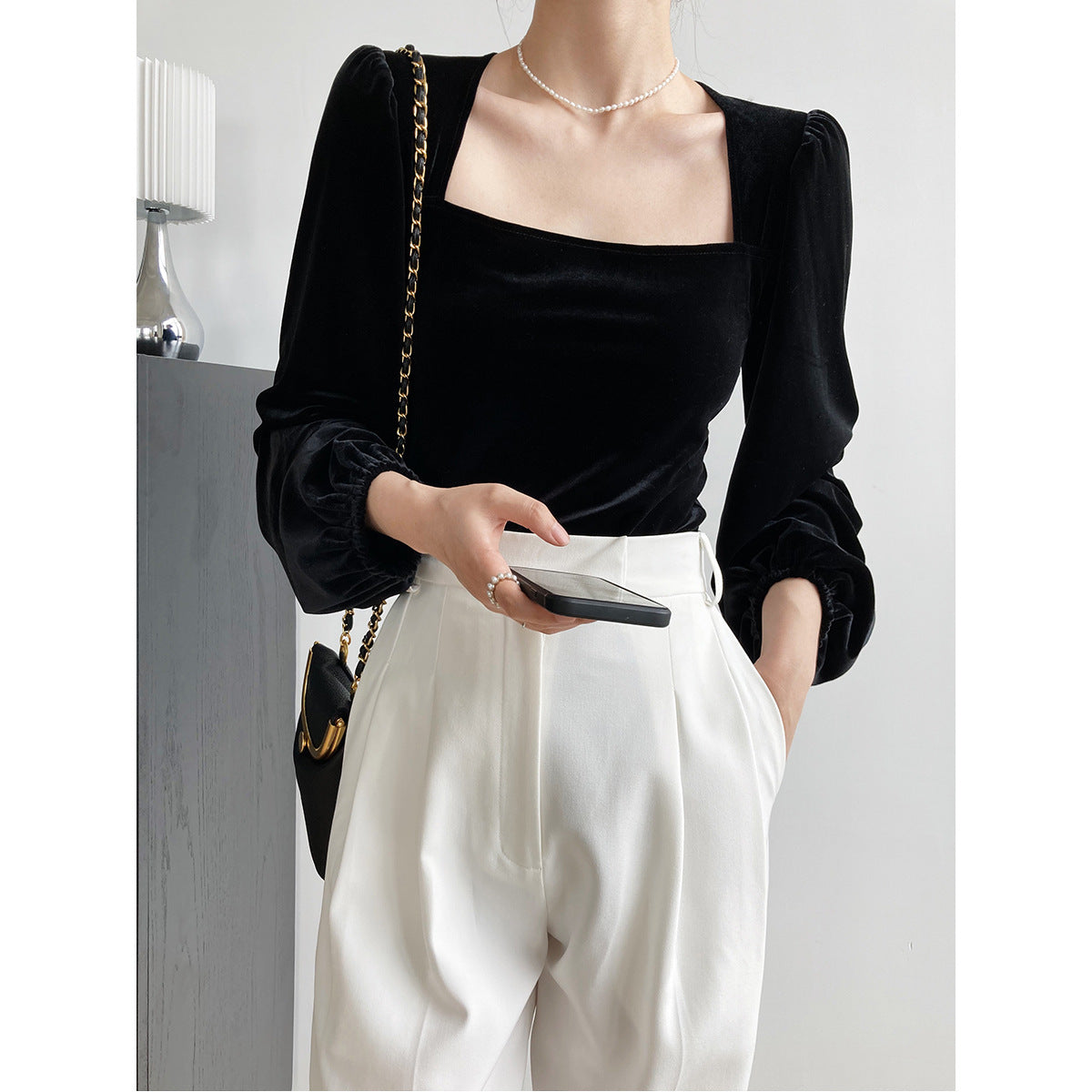 Black gold velvet square neck shirt women's autumn light ripe design bubble sleeve shirt revealing collarbone top