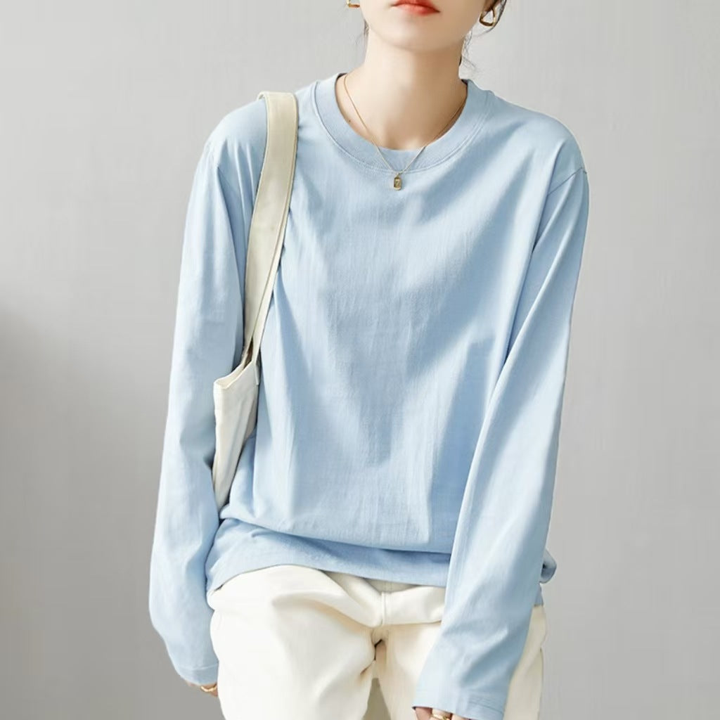 Pure Cotton Long Sleeve T-Shirt Women Round Neck Base Layer Casual Top