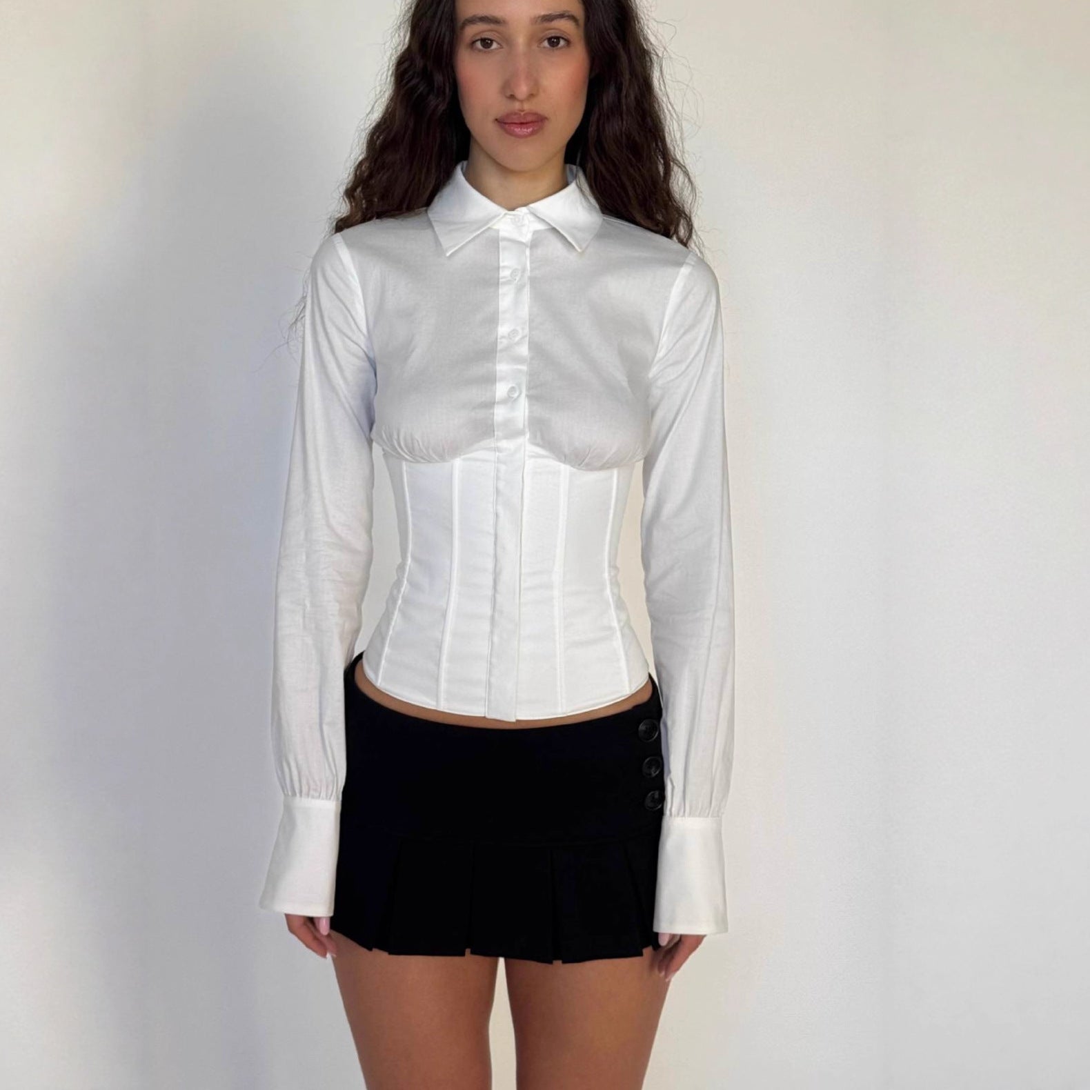 Slim tunic herringbone corset lace-up shirt