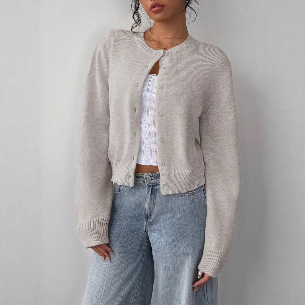 Autumn and winter round neck threaded long-sleeved button women's cardigan jacket sweater soft waxy short loose and thin