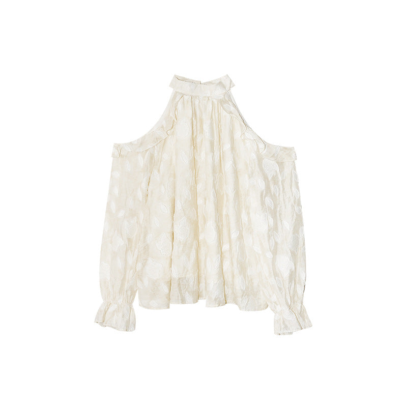 Sweet age-reducing ruffle top neck off-the-shoulder shirt
