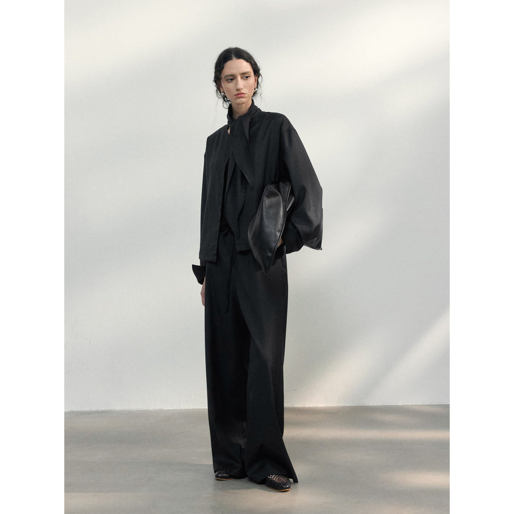 Spring streamer collar wool worsted lace-up front and rear two wear versatile shirts