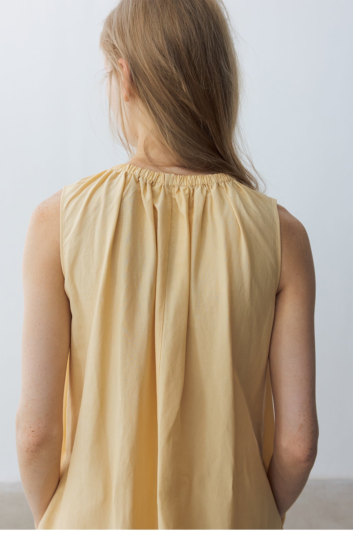 Summer new casual round neck tencel hemp pleated solid color medium and long vest skirt