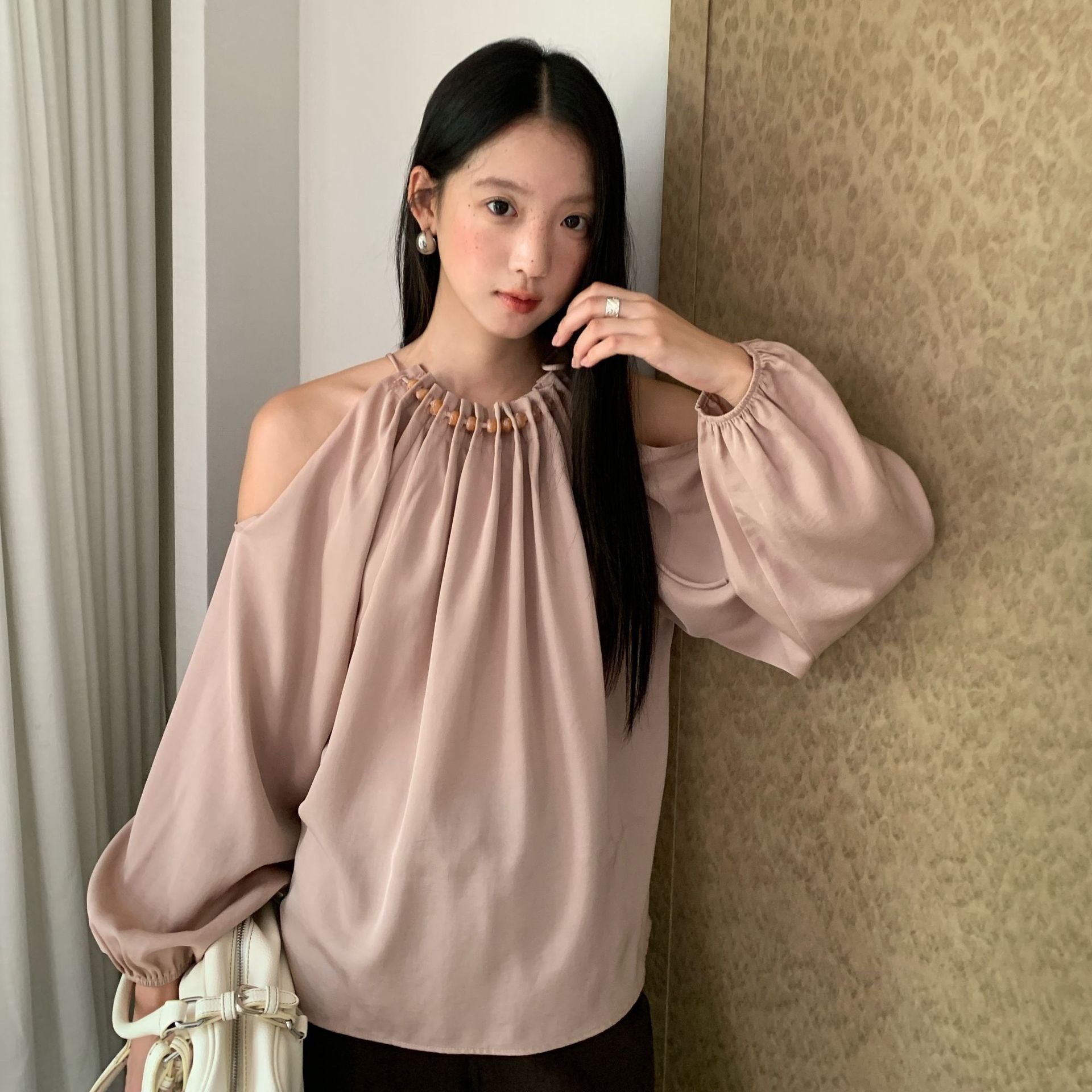 Temperament off-the-shoulder neck long-sleeved shirt women's loose doll shirt