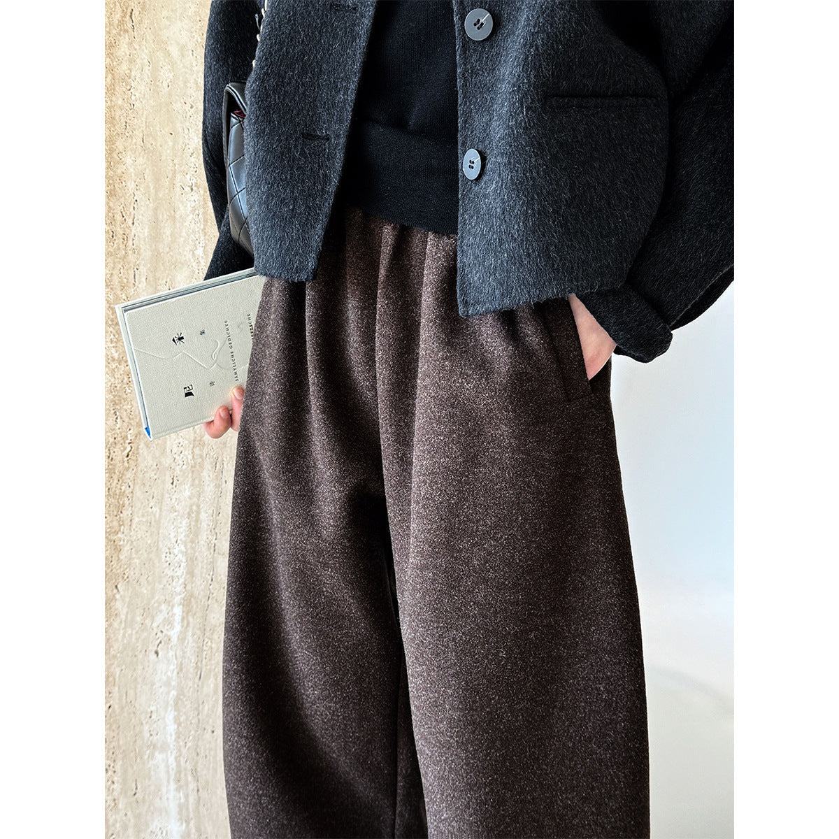 Korean version autumn and winter imitation cashmere grandma pants nine-point wide-leg pants elastic waist wool woolen pants women