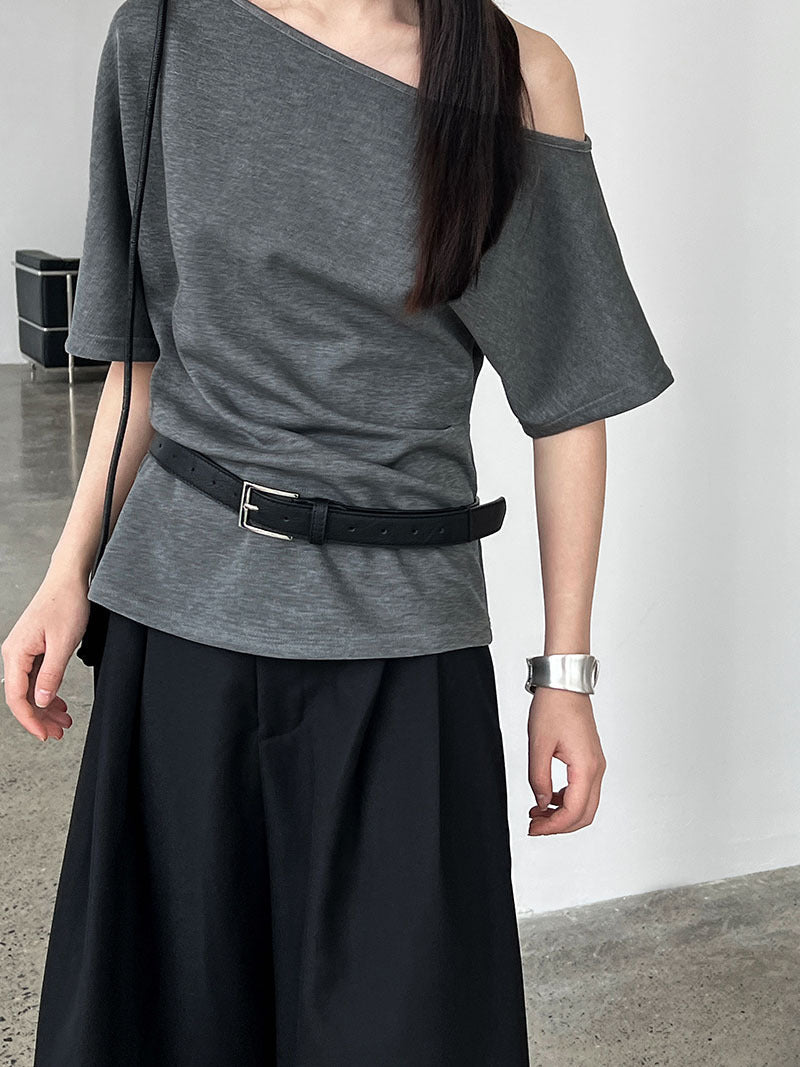 Lazy slanted shoulder loose short-sleeved women's summernew arrival off-shoulder asymmetrical waist slimming look t-shirt