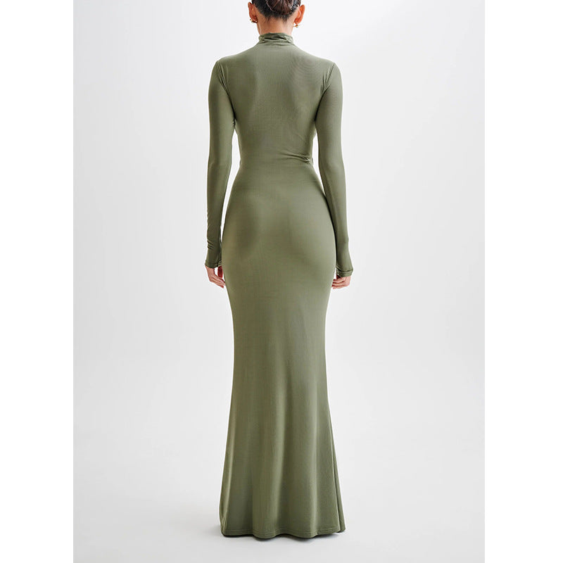 New sexy hollow solid color chest wrap hip skirt pleated slim half turtleneck dress women