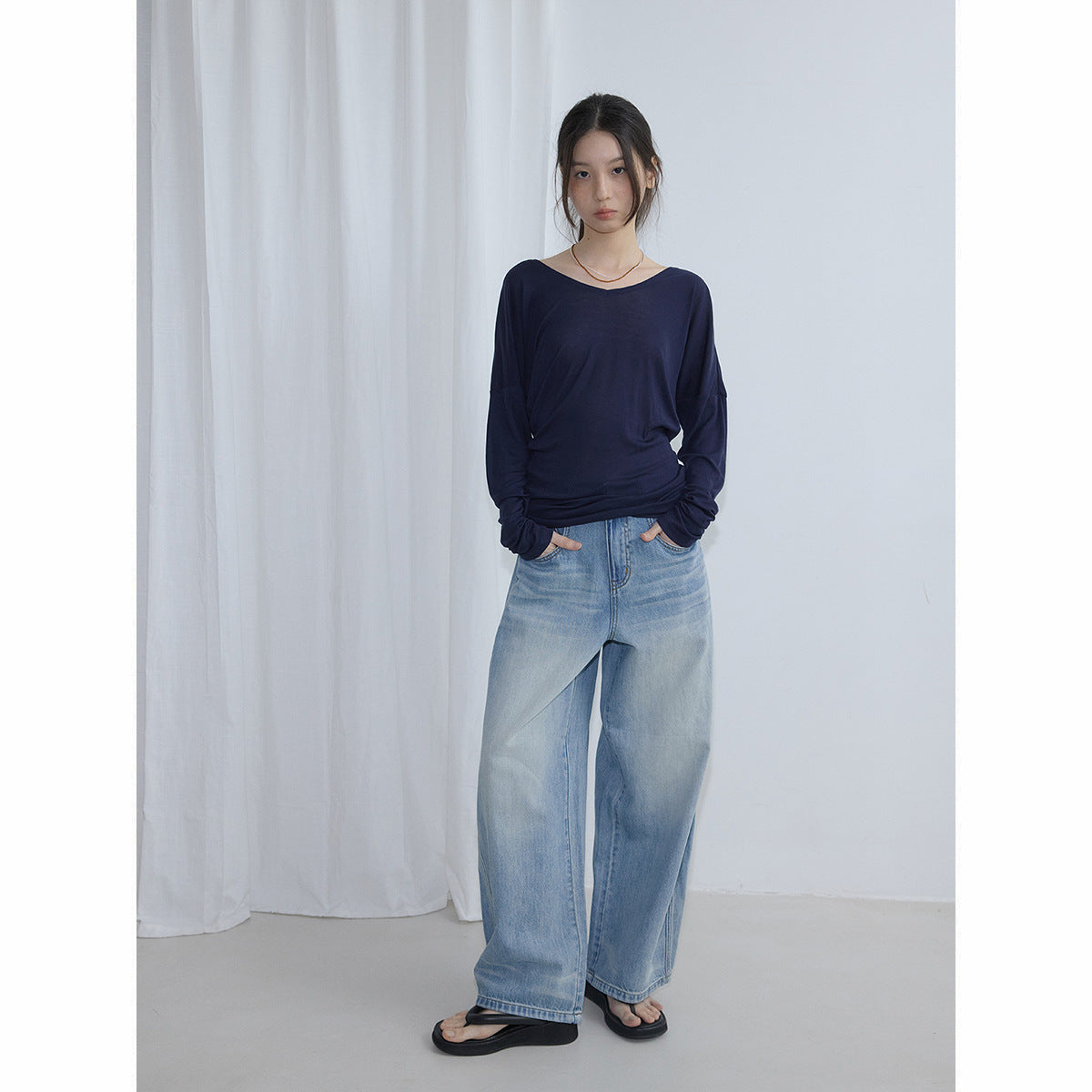 Summer Casual High Waist Easy Cotton Versatile Retro Long Wide Leg Jeans