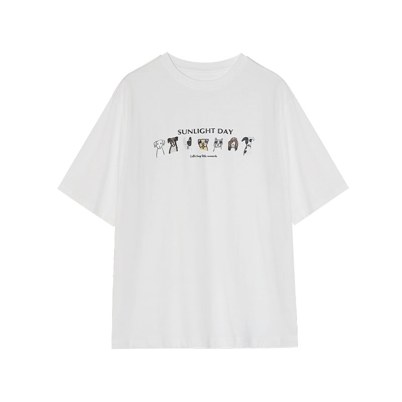 Early Spring Casual Crew Neck Puppy Print Shoulder Short Sleeve T-Shirt Top