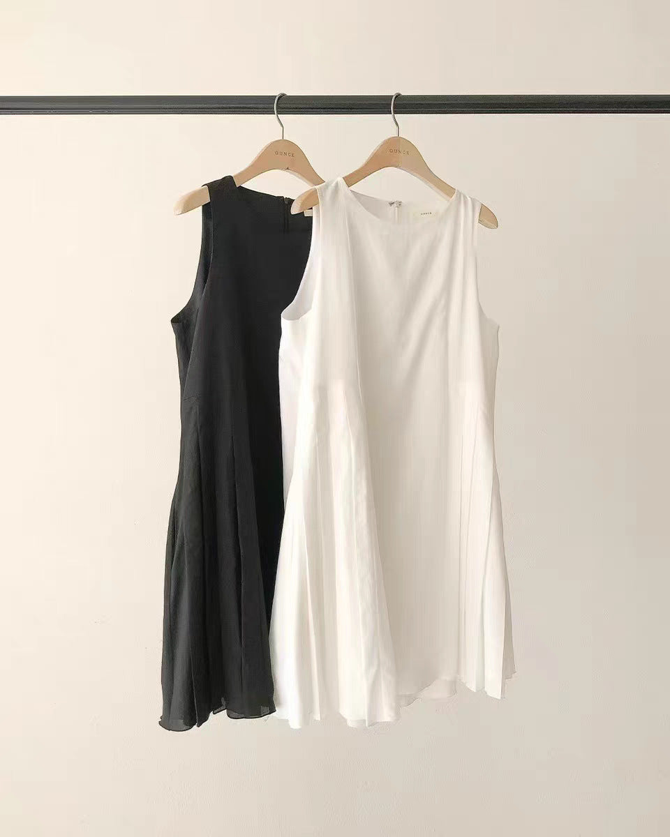 Sleeveless Dress Women Round Neck High Waist Solid Color Sundress