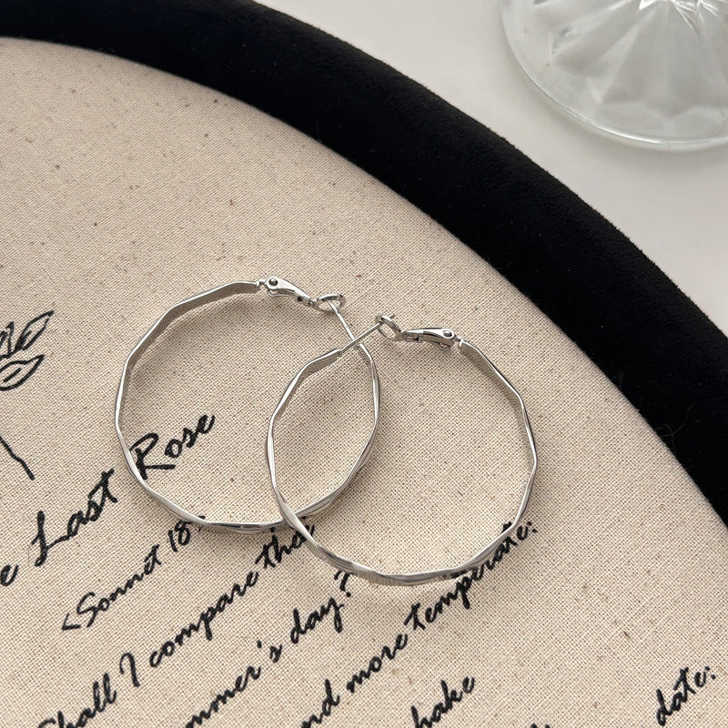 925 Silver Needle Hong Kong Style Retro Metal Earrings Premium Sense Geometric Elementary Ring Ear Buckle Versatile Commuter Earrings
