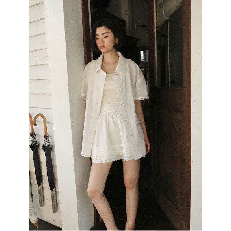 Small white dress lace splicing elastic waist lazy summer short skirt