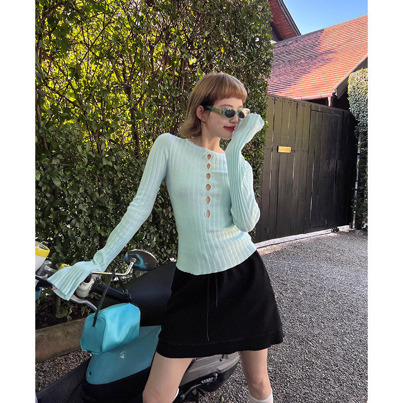 Rebel Sweetheart Hollow Knitted Sweater Bottom Shirt French Gentle Long Sleeve Top