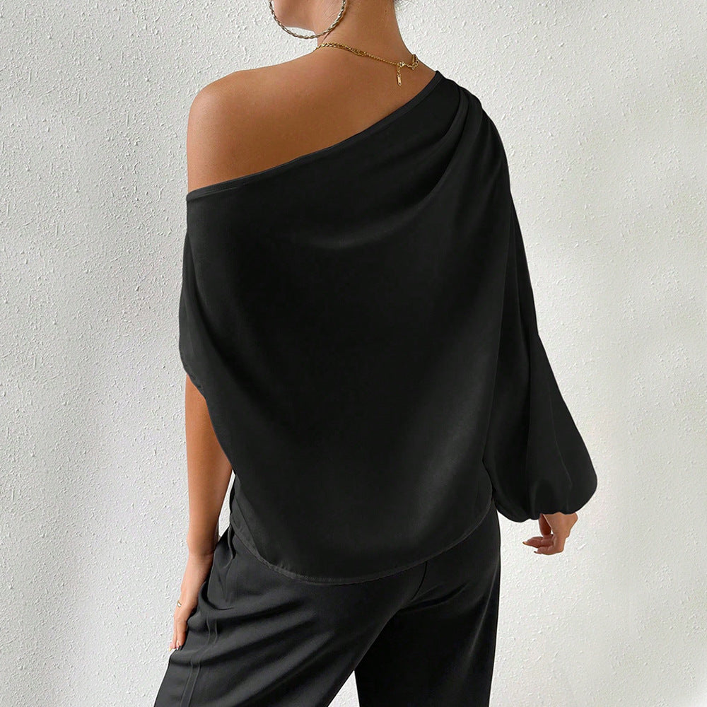 Off-Shoulder Long Sleeve Top Women Loose Fit Diagonal Collar Shirt