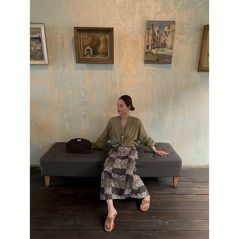 Chunxin Chinese-style retro and old temperament plaid A-shaped long skirt