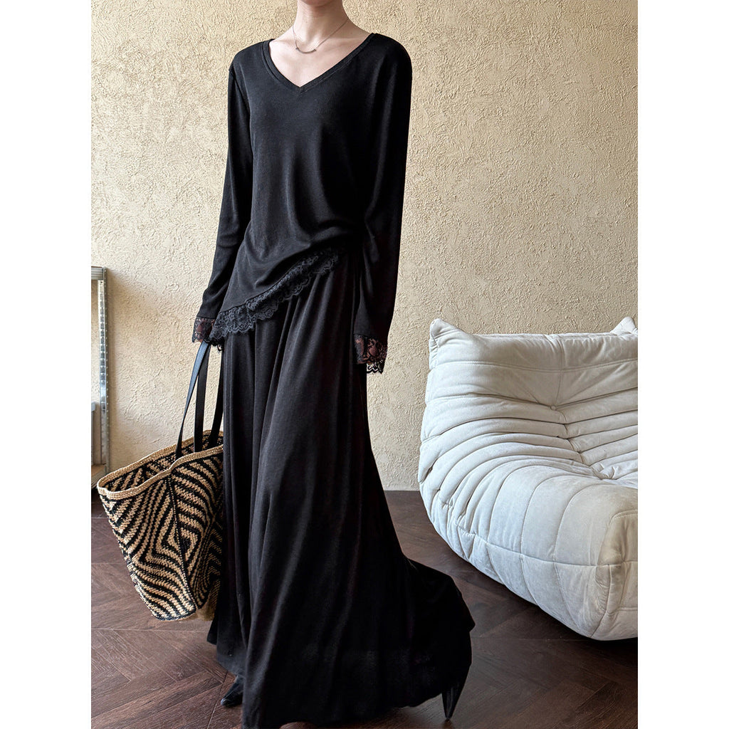 Giant Skinny Set~ Korean Lazy Slack Slant Hoop Lace Top + Skirt Two-piece Set