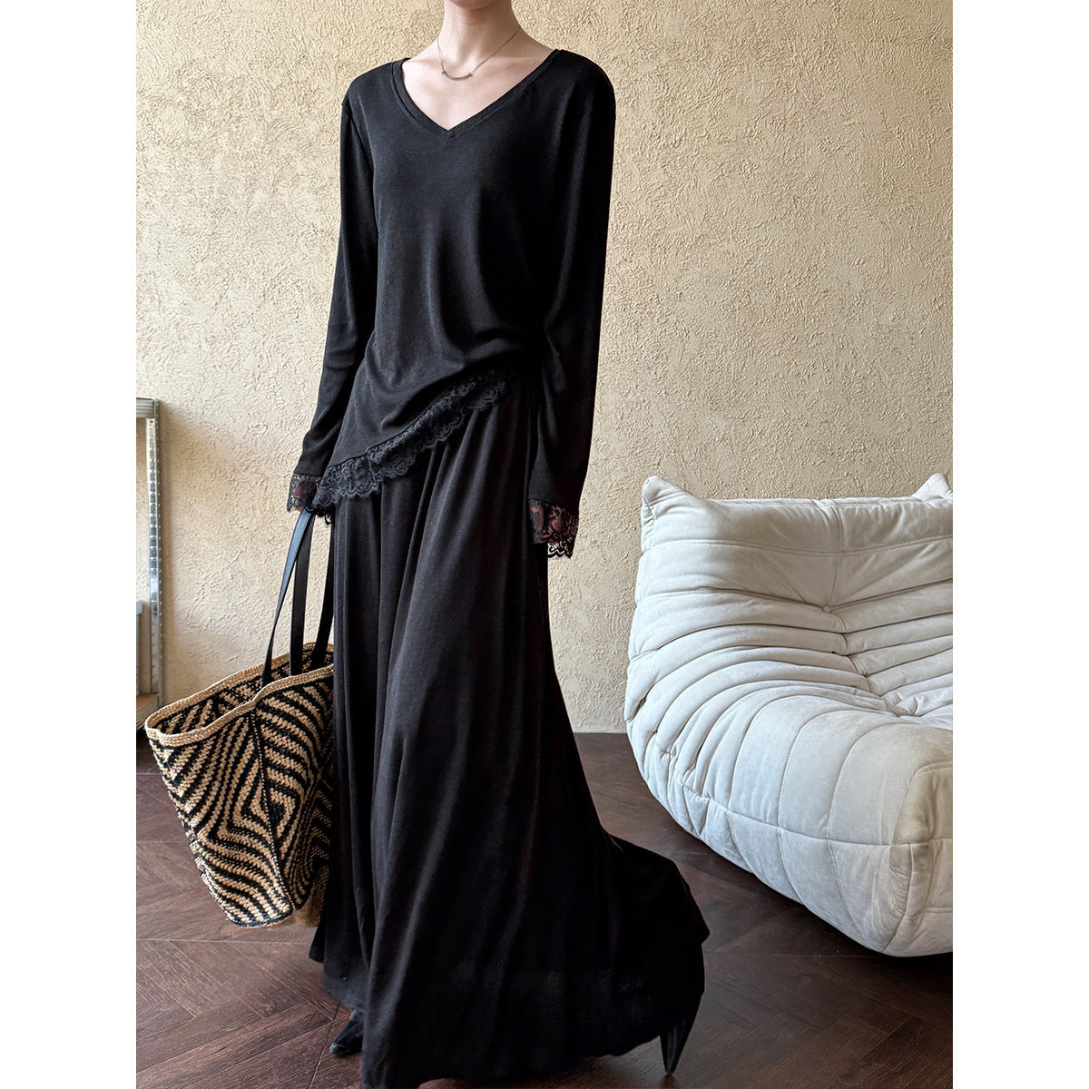 Giant Skinny Set~ Korean Lazy Slack Slant Hoop Lace Top + Skirt Two-piece Set